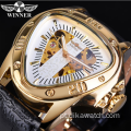 Vencedor da marca de luxo Steampunk Fashion Triangle Golden Skeleton Movement Mysterious Men Relógio de pulso mecânico automático